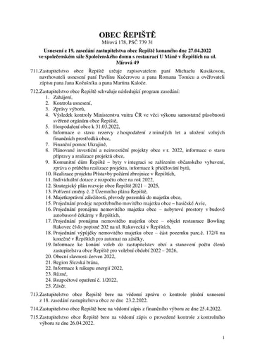 Usnesení z 19. zasedání zastupitelstva obce Řepiště konaného dne 27.04.2022