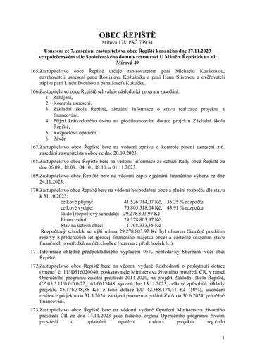 Usnesení ze 7. zasedání zastupitelstva obce Řepiště, konaného dne 27.11.2023