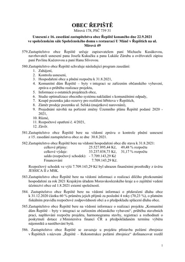 Usnesení z 16. zasedání zastupitelstva obce Řepiště