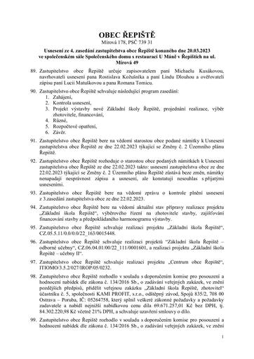 Usnesení ze 4. zasedání zastupitelstva obce Řepiště konaného dne 20.03.2023