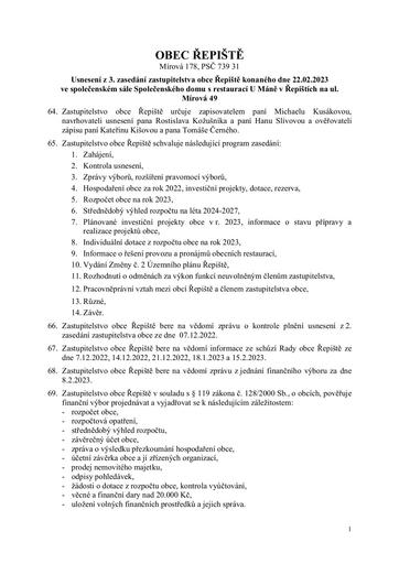 Usnesení z 3. zasedání zastupitelstva obce Řepiště, konaného dne 22.02.2023