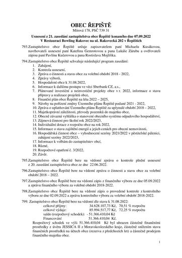 Usnesení z 21. zasedání zastupitelstva obce Řepiště konaného dne 7.9.2022